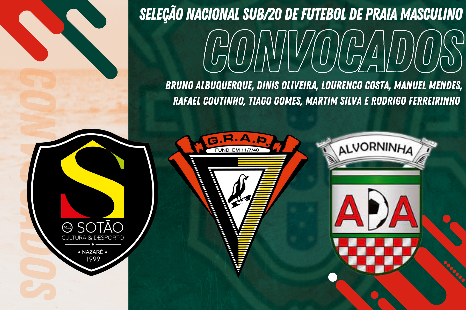 Jogadores do ACD "O Sótão", GRAP e AD Alvorninha convocados para a Seleção Nacional Sub/20 Masculina de Futebol de Praia